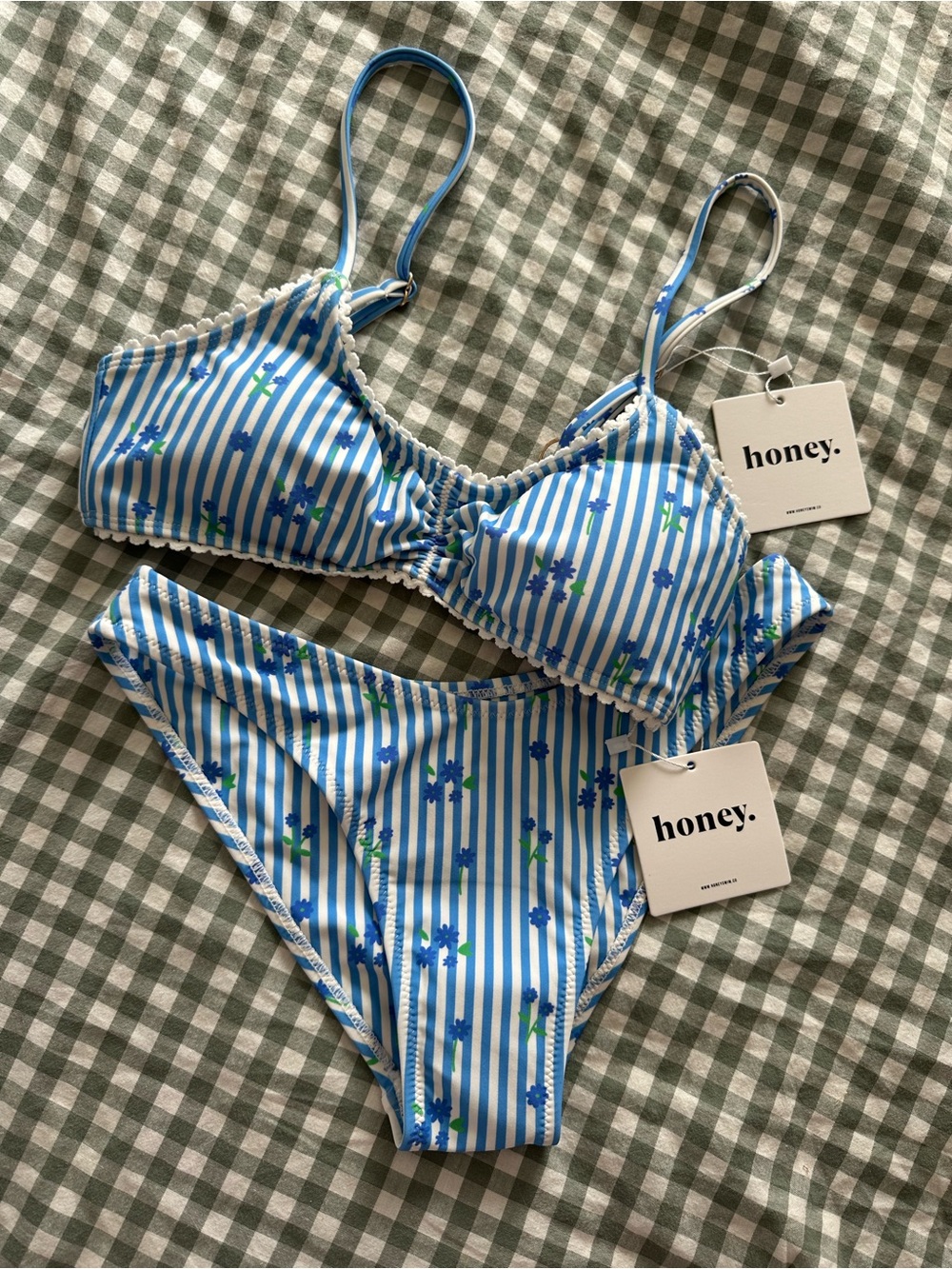 HONEY SWIM “Posie” Women’s Blue Striped Floral Bikini Set